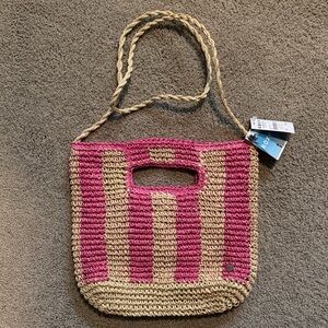 Roxy Glossy Sunset Small Crossbody Bag Straw Raffia Tote Pink Stripe NEW